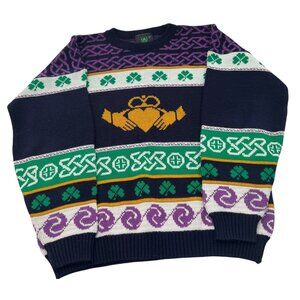 Emerald Isle Claddagh & Shamrock Irish Knit Sweater Celtic Patterns Sz Medium